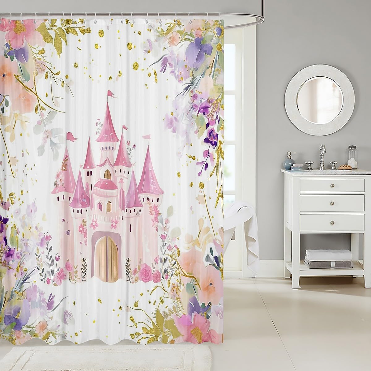 Stylish Pink Castle Kids Bathroom Curtain