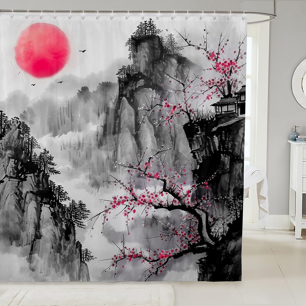 72x84 Red Cherry Blossoms Bomb Shell Bath Curtain