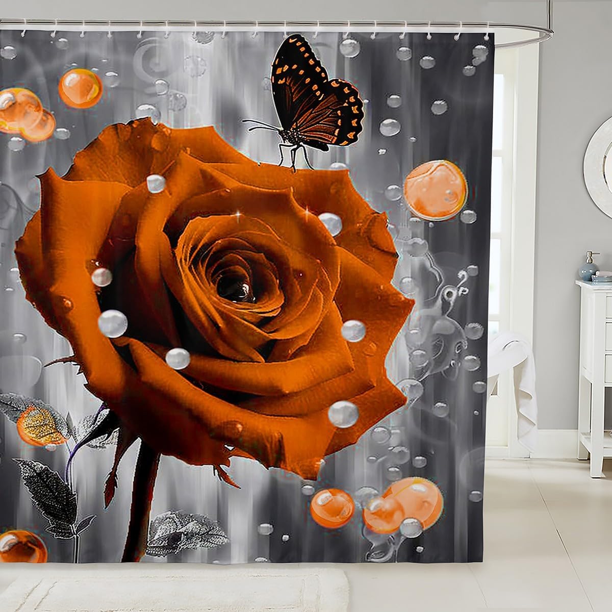 Feelyou Kids Orange 3D Rose 72x78 Butterfly Bath Curtain for Boys Girls