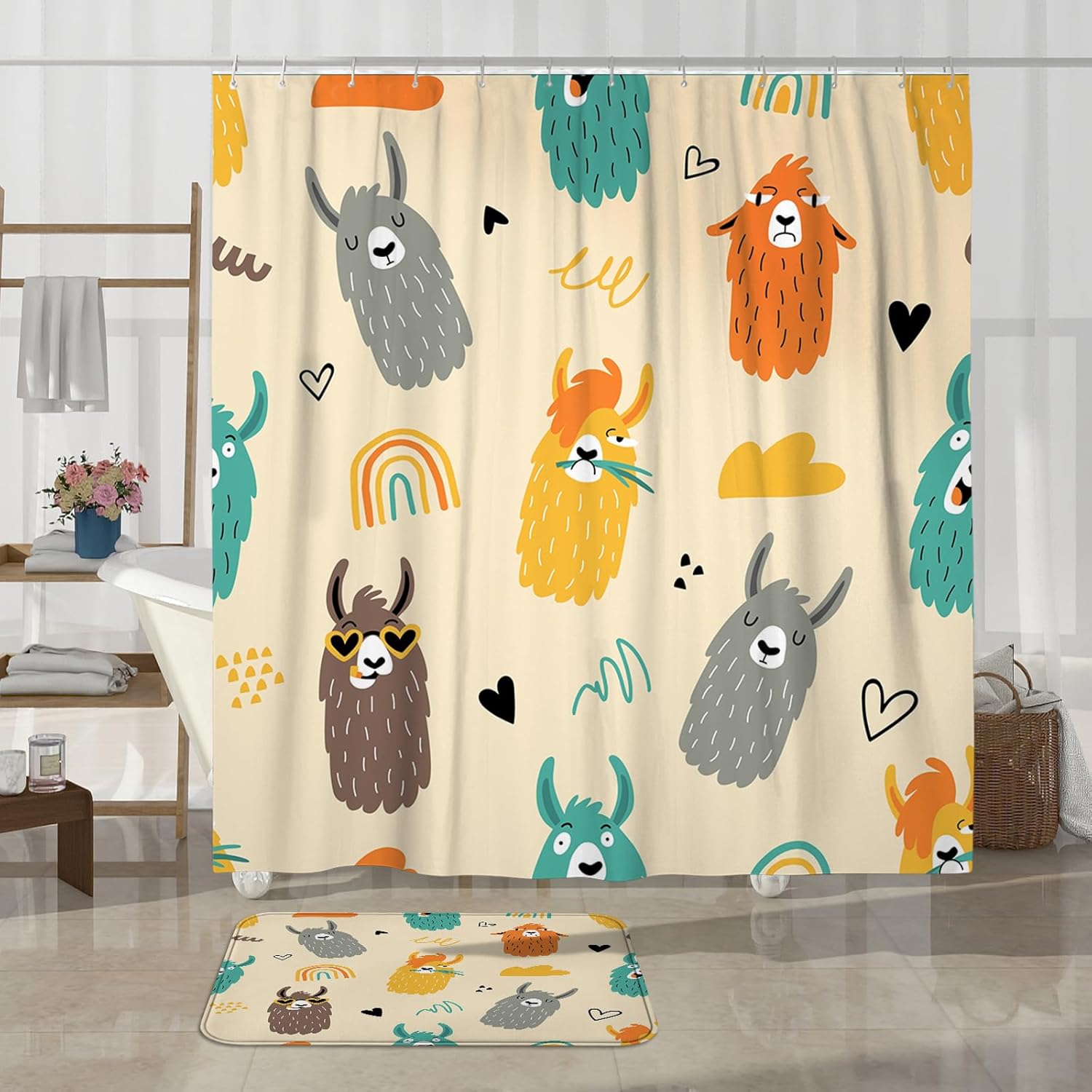 4PCS Cartoon Llama Bath Set with Non-Slip Rug U Toilet Covers