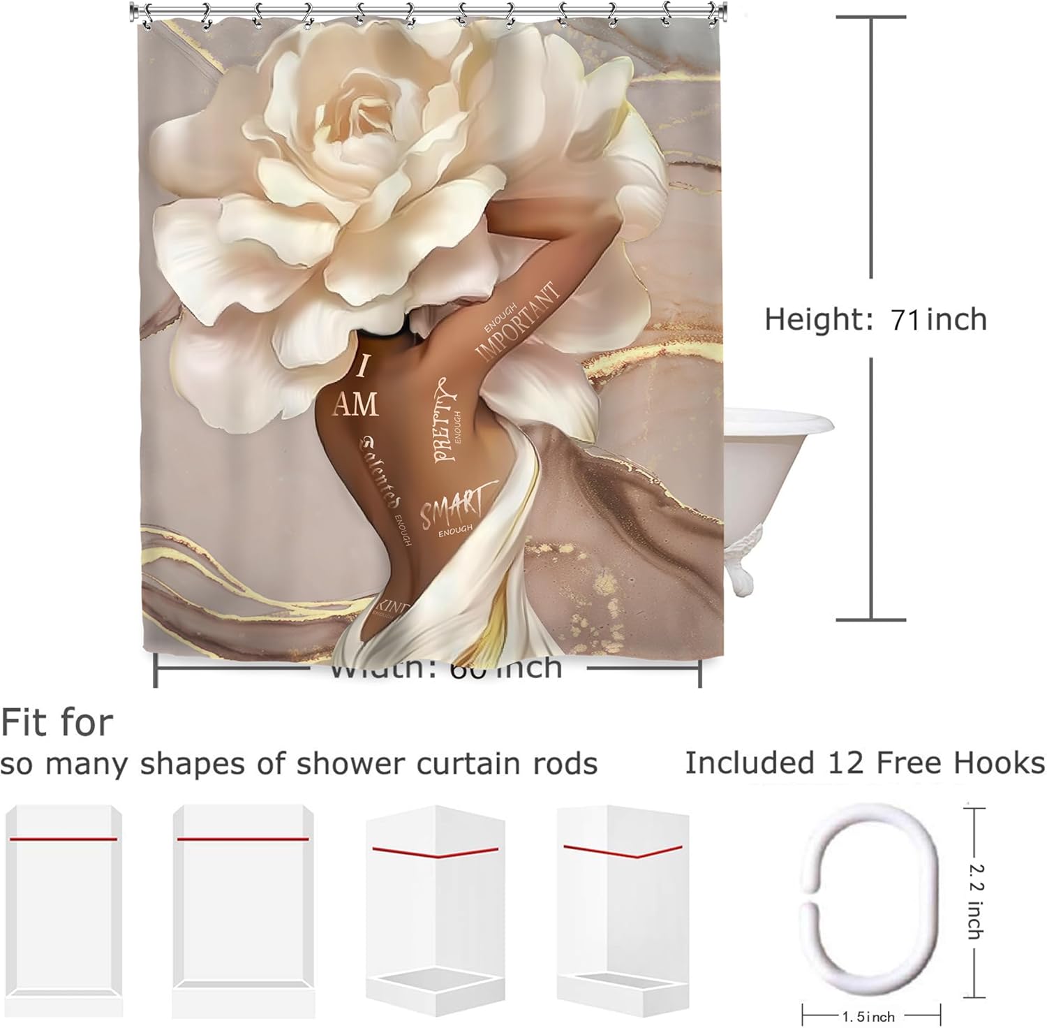 Yookeb African American Flower Bathroom Show Curtain 60x71 In Black