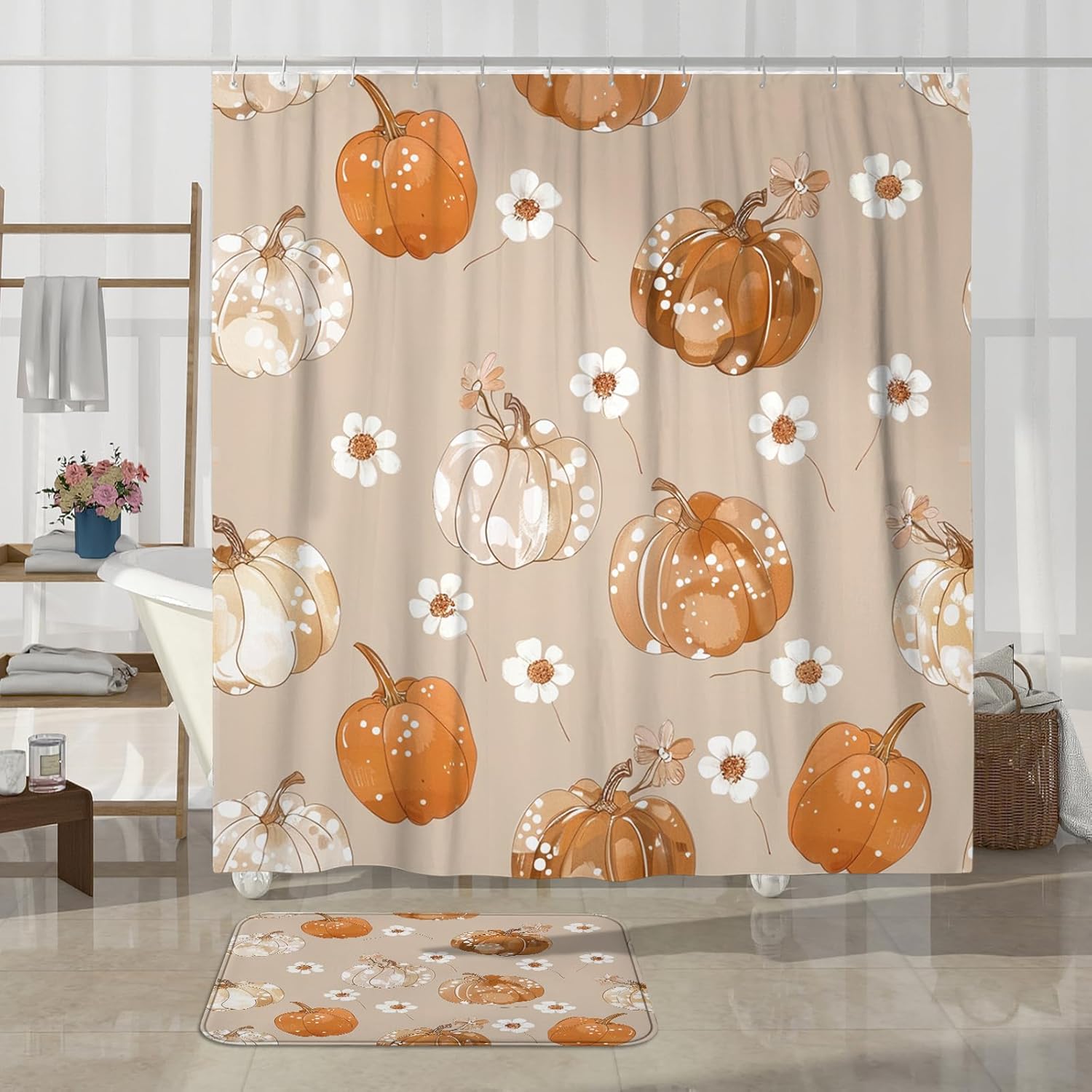 4PCS Fall Dot Pumpkin Shower Curtain Set with 72 x 72 Mat