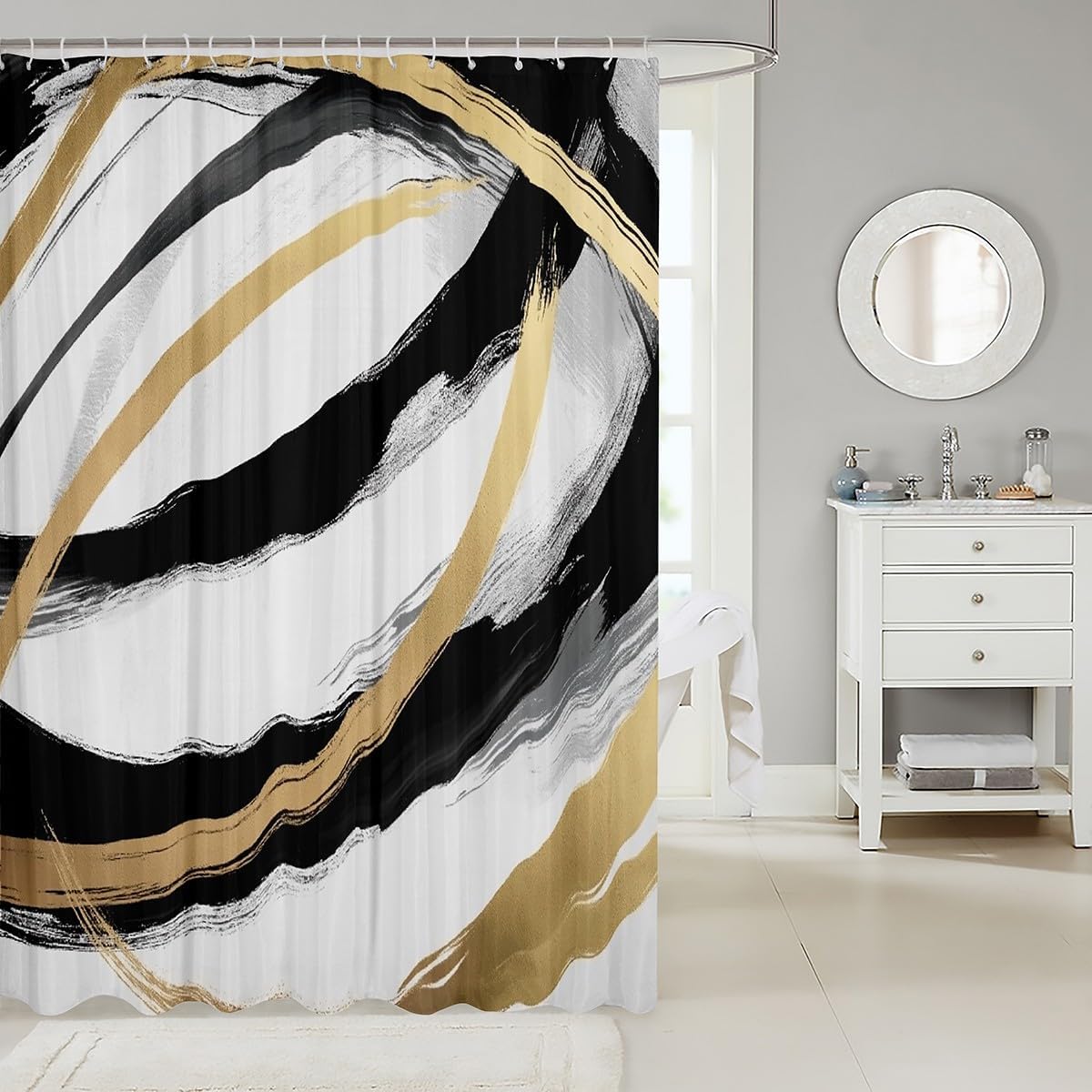 Patterned 72x72 Black White Geometric Washable Shower Curtain Set