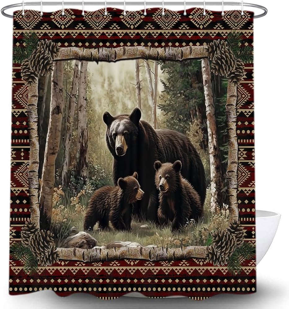 Cabin Bear Shower Curtain Set with Hooks