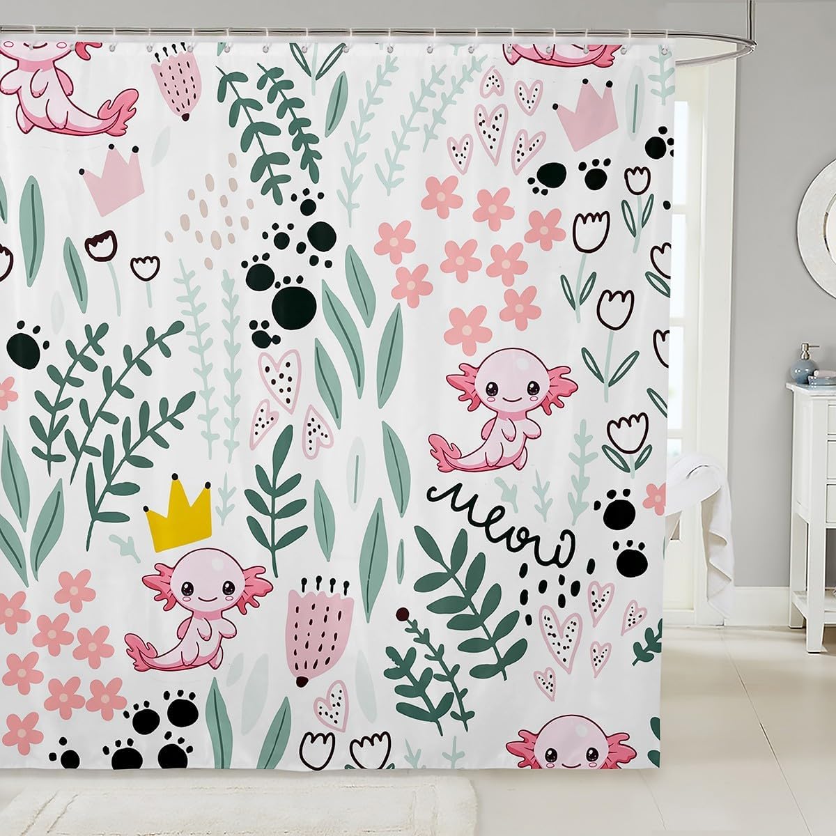 Manfei Axolotl Flower Print Waterproof Shower Curtain Set with 12 Hooks