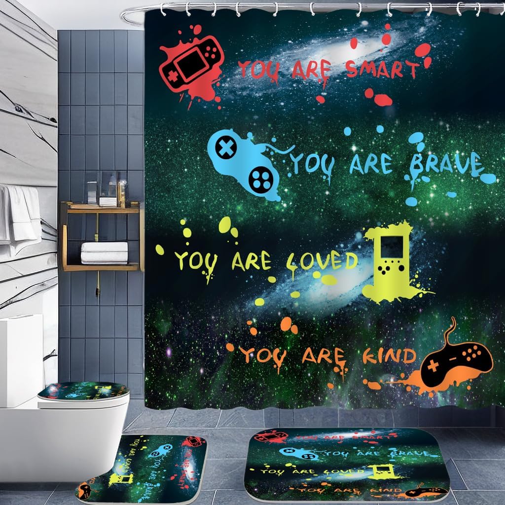 ALEXEX 4 PCS Star Outer Space Kids Shower Curtain Set