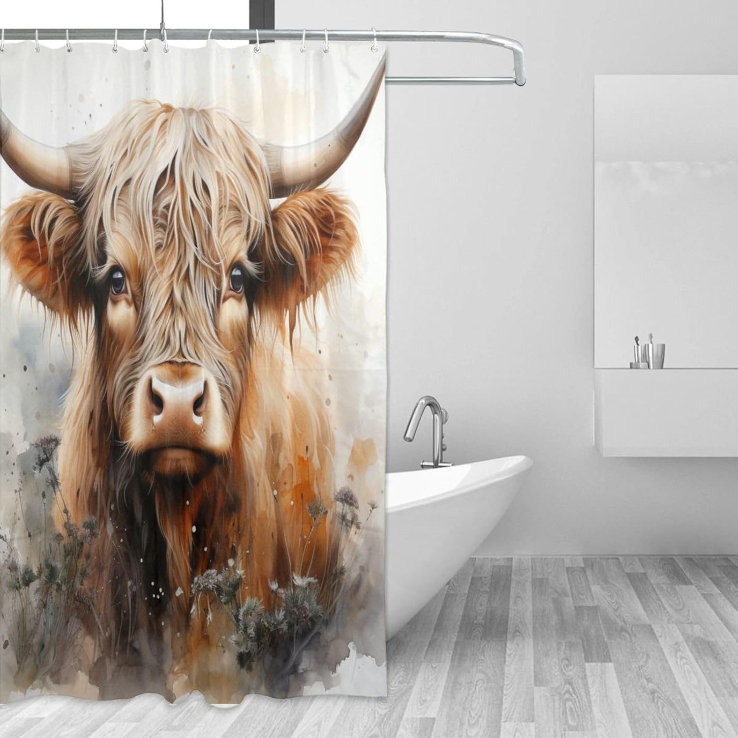 Highland Cow 72x72 Washable Boho Shower Curtain Set