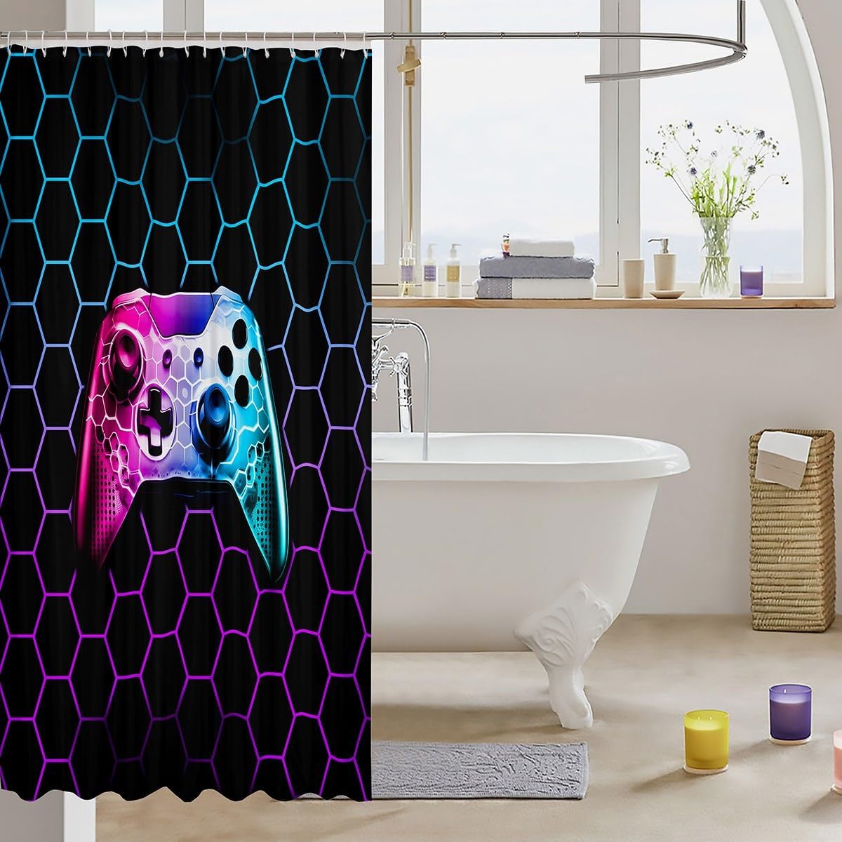 Gamepad Shower Curtain with Geometric Pattern Waterproof Stylish Adult Game Pad