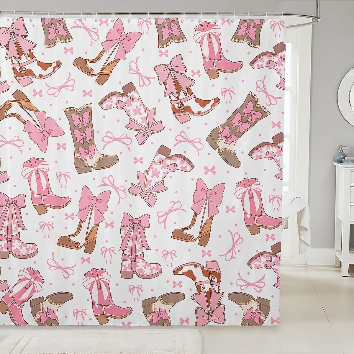 Feelyou Pink Western Bath Curtain Cowgirl Cowboy Boots
