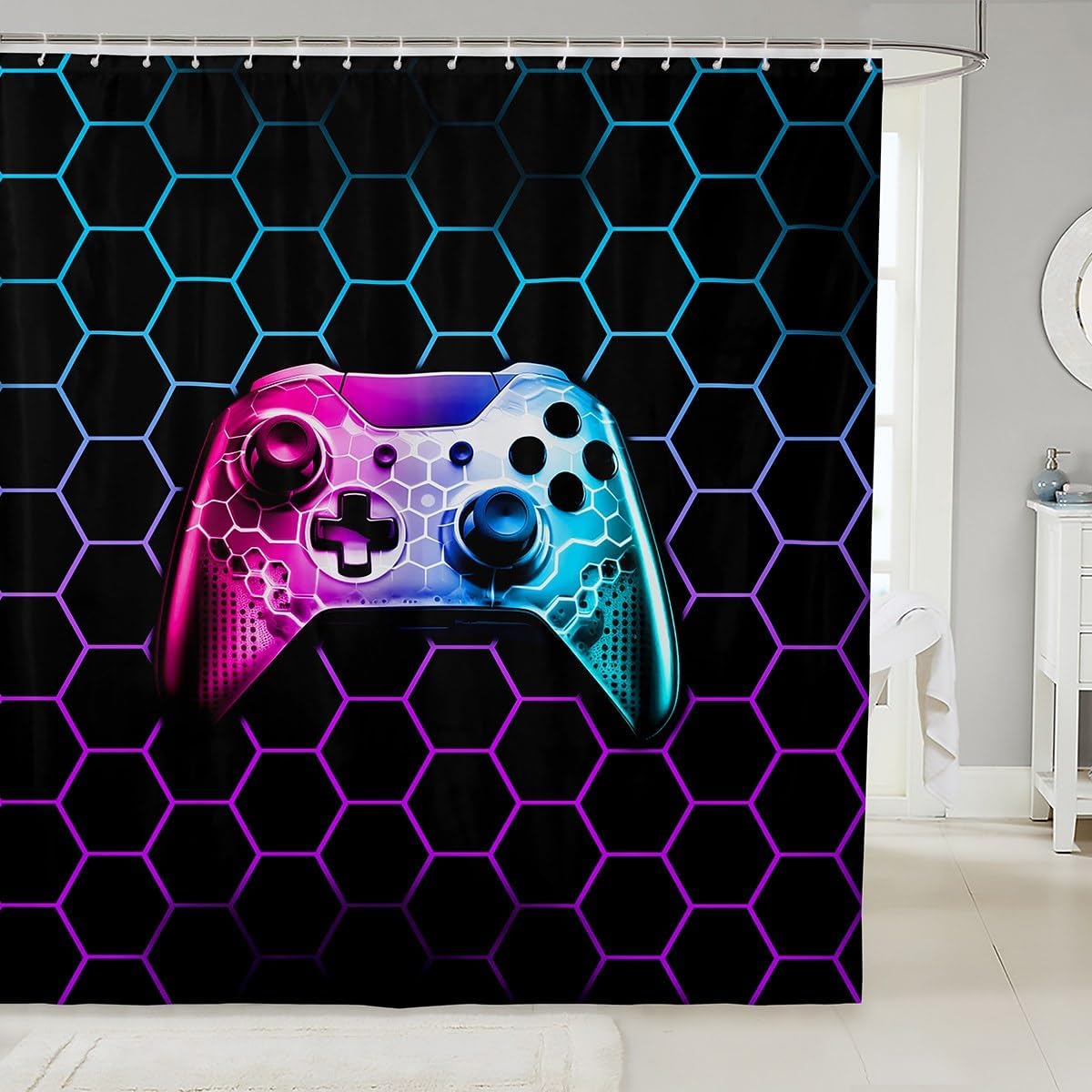 Gamepad Shower Curtain with Geometric Pattern Waterproof Stylish Adult Game Pad