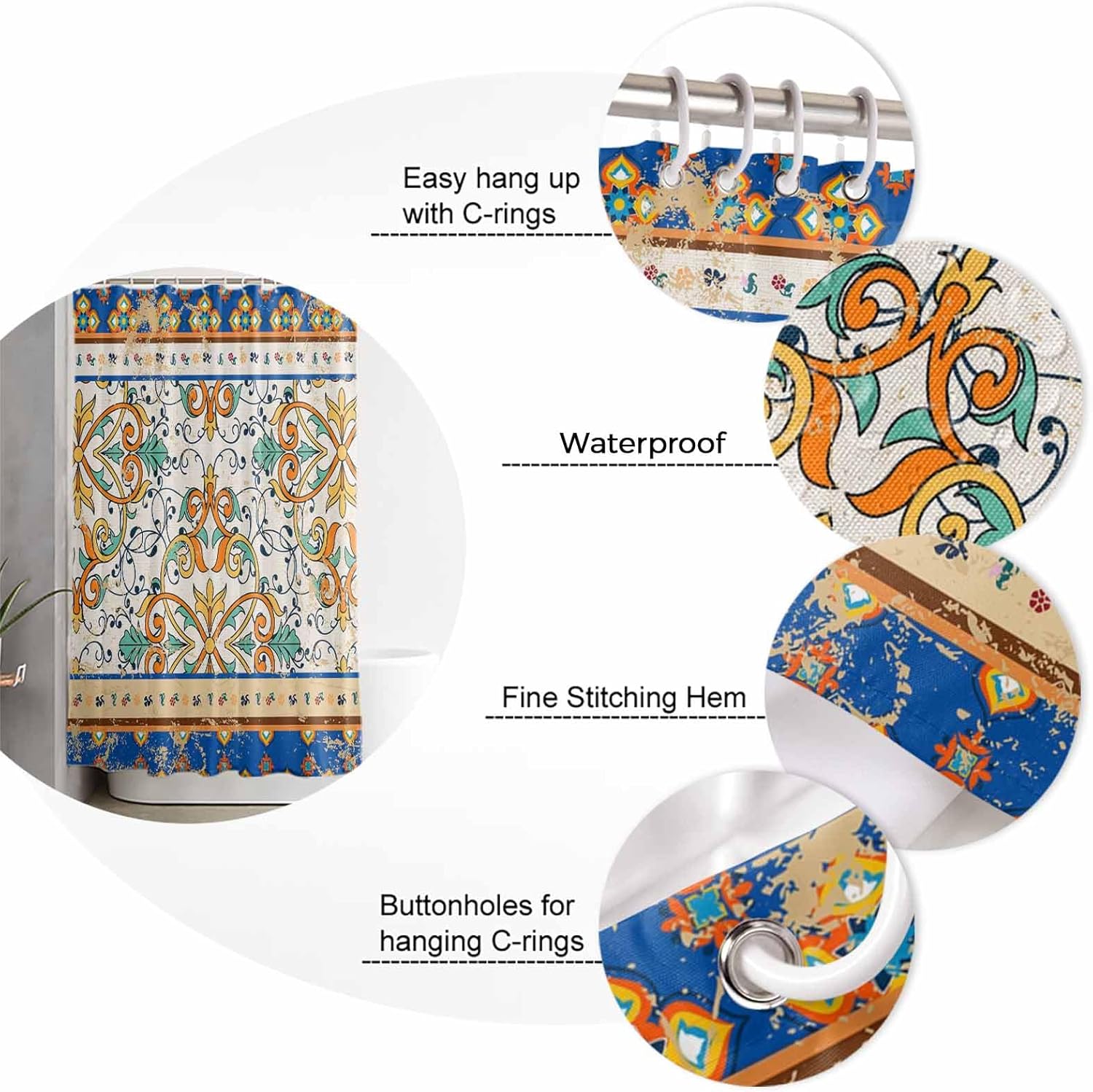 Bath Time Beauty - Boho Geometric Shower Curtain Rug Set Waterfall Print 66x72