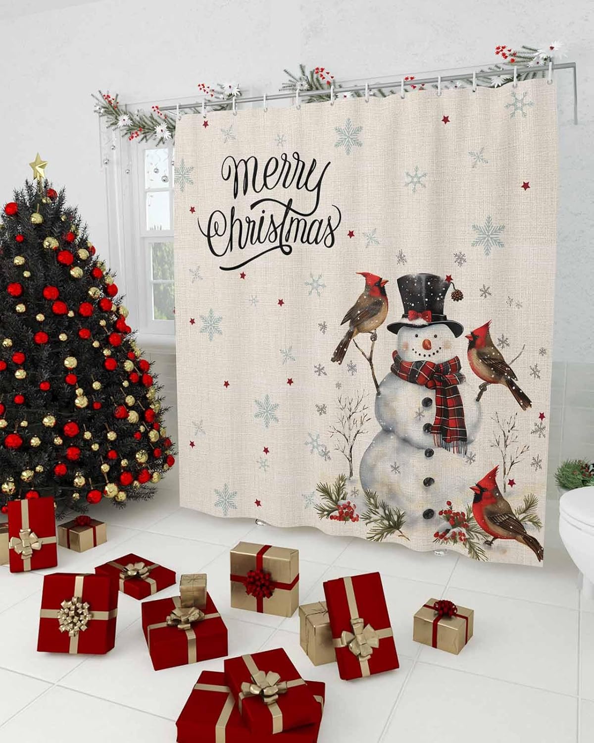 Anzona Beige Christmas Snowman Waterproof Shower Curtain