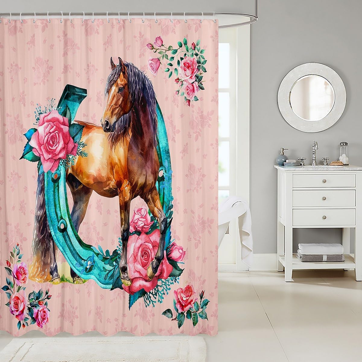Feelyou Girls Horse Shower Curtain Pink Floral 72x72