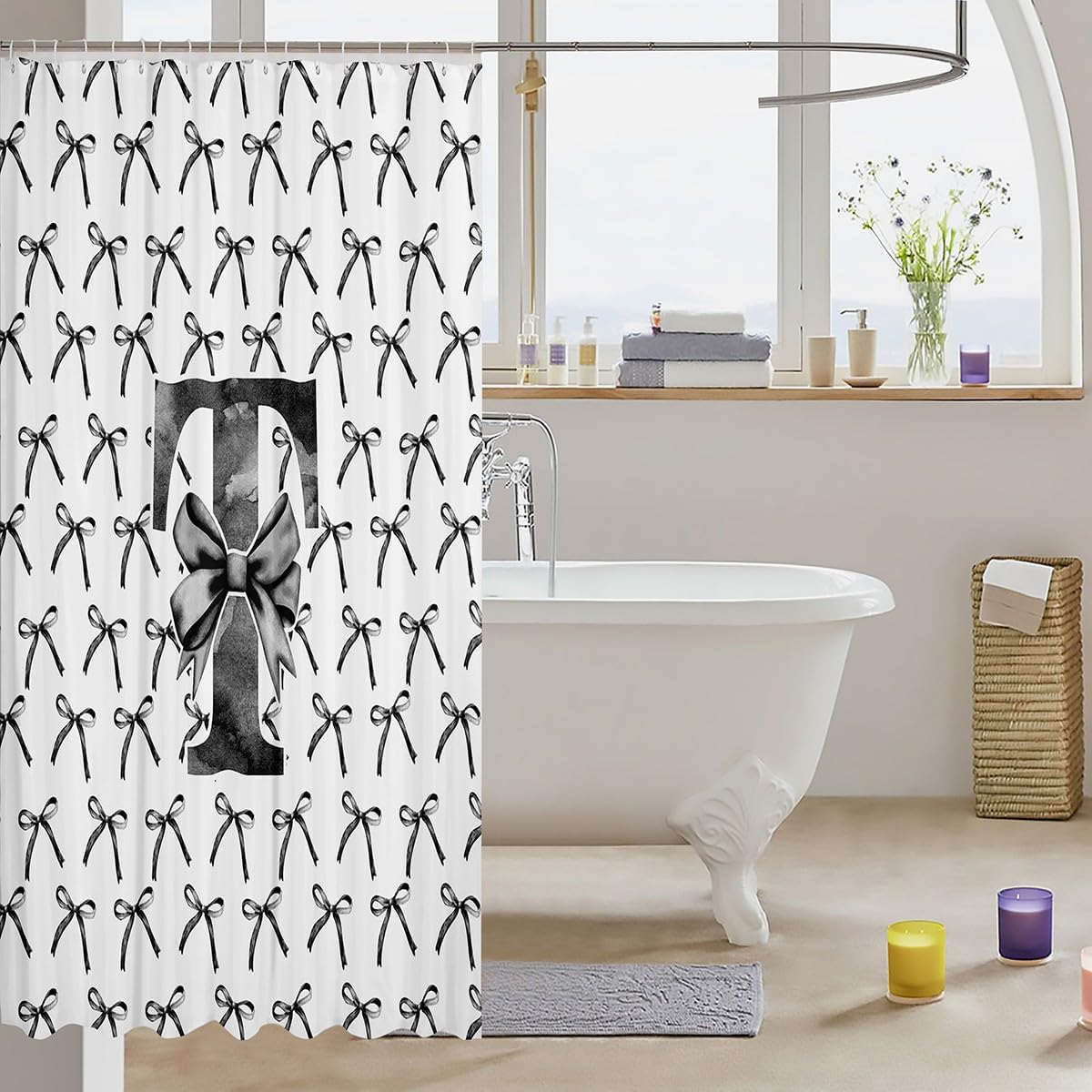 Manfei Cartoon Bowknot Kids Shower Curtain Set 72x72 Black Bow Tie Design