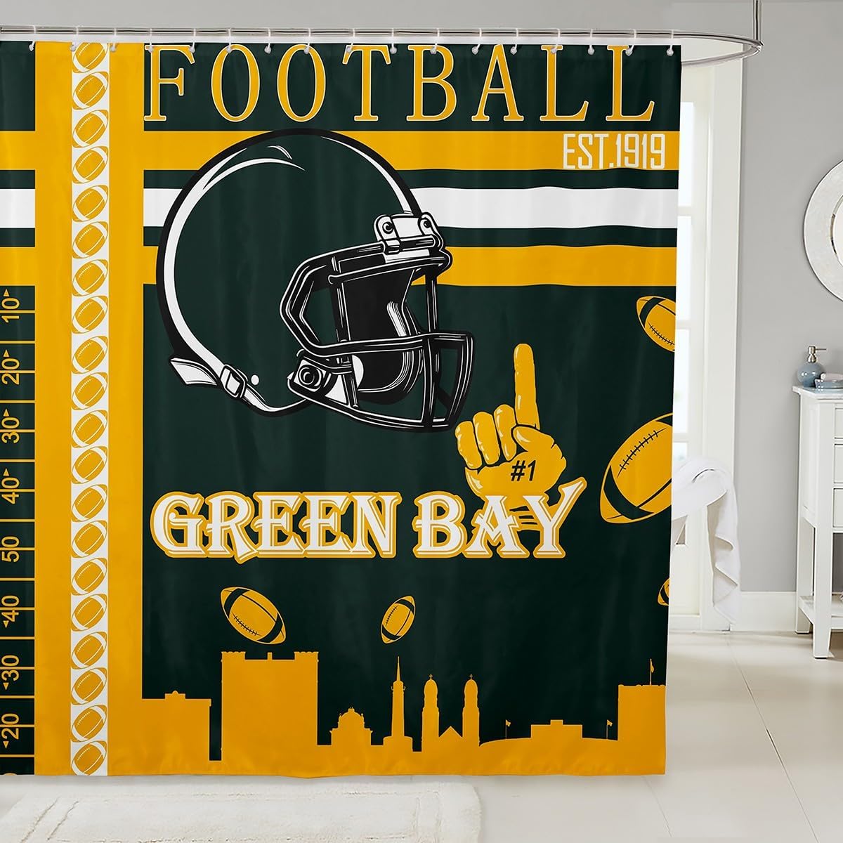 Feelyou 72x72 Green Bay Football Bath Curtain Easy Setup for Home Use