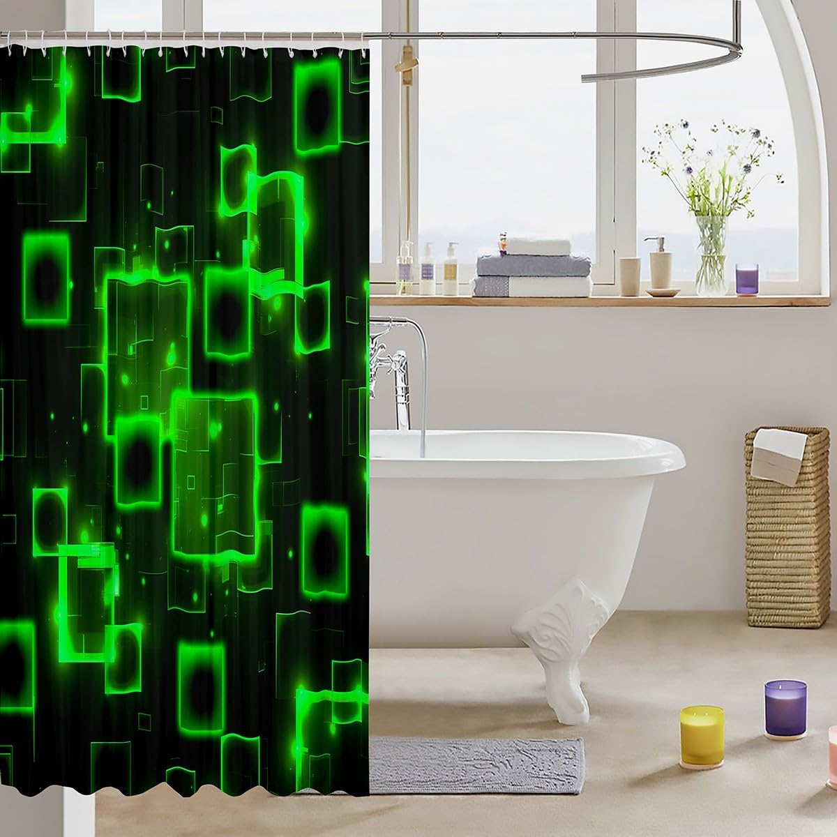 Feelyou Geometric Green Black Bath Curtain Kids Abstract Bathroom Accessory