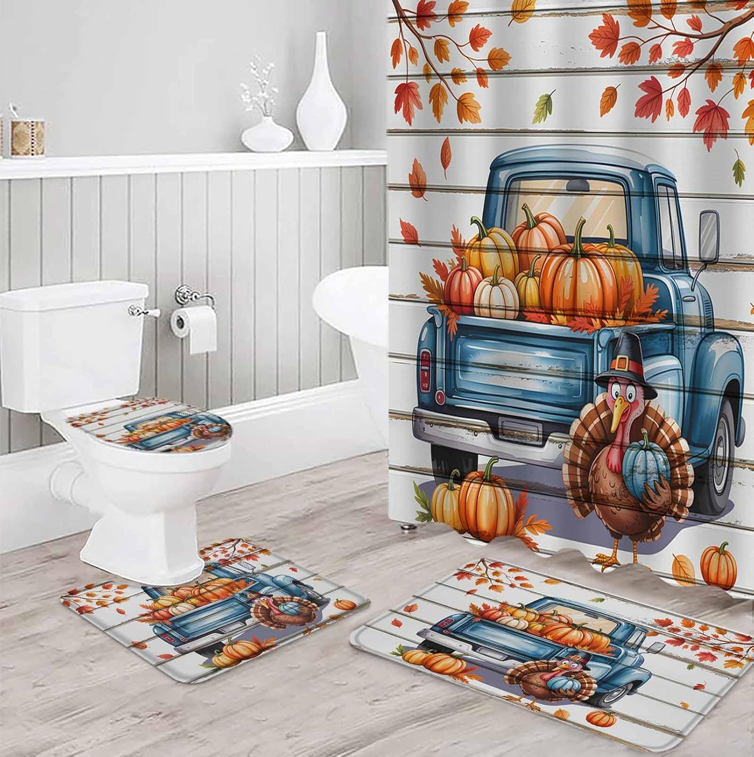 4-Piece Thanksgiving Fall shower curtain set waterproof