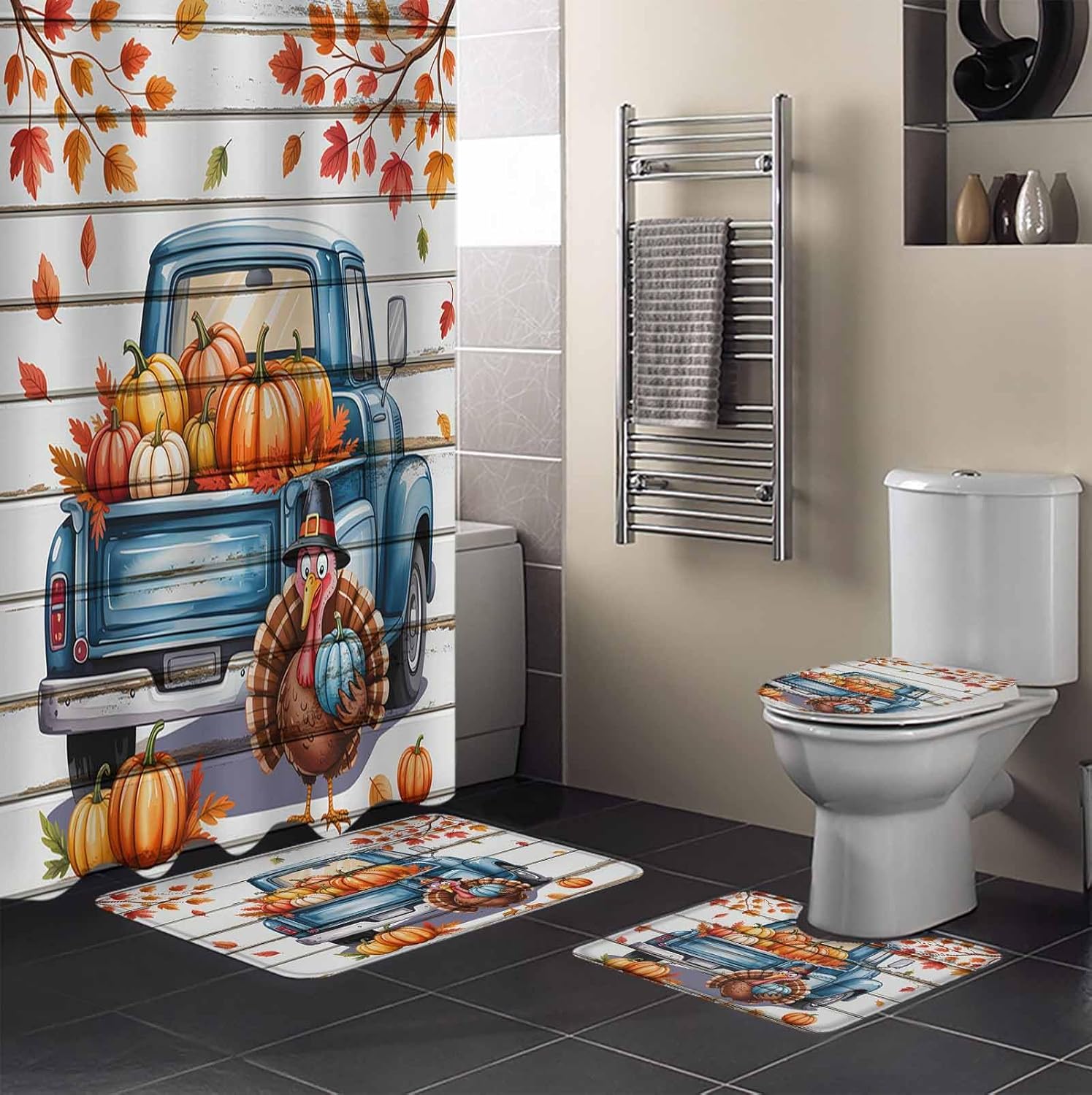 4-Piece Thanksgiving Fall shower curtain set waterproof