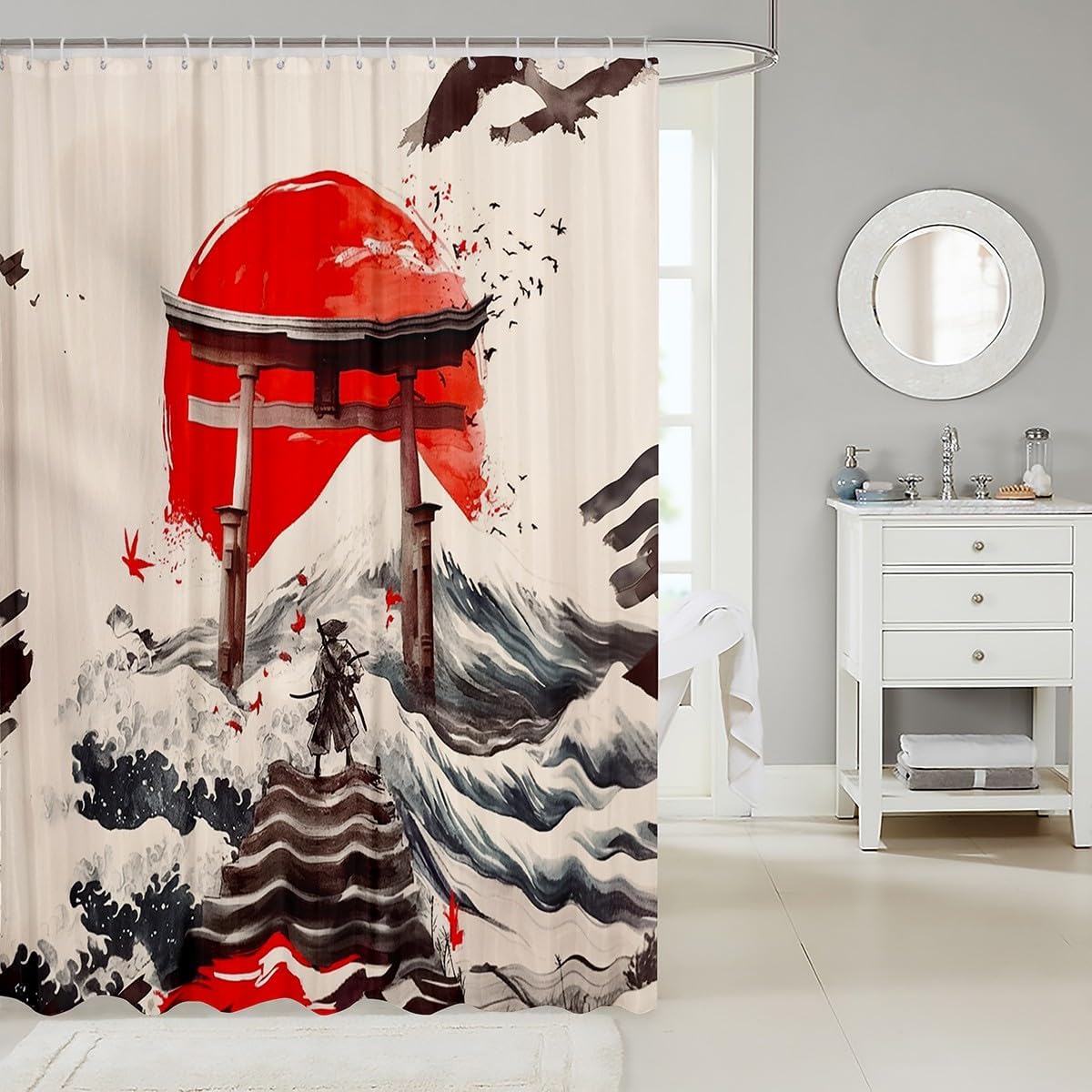Jejeloiu Japanese Traditional Pattern Samurai Bath Curtain 72x78 inches