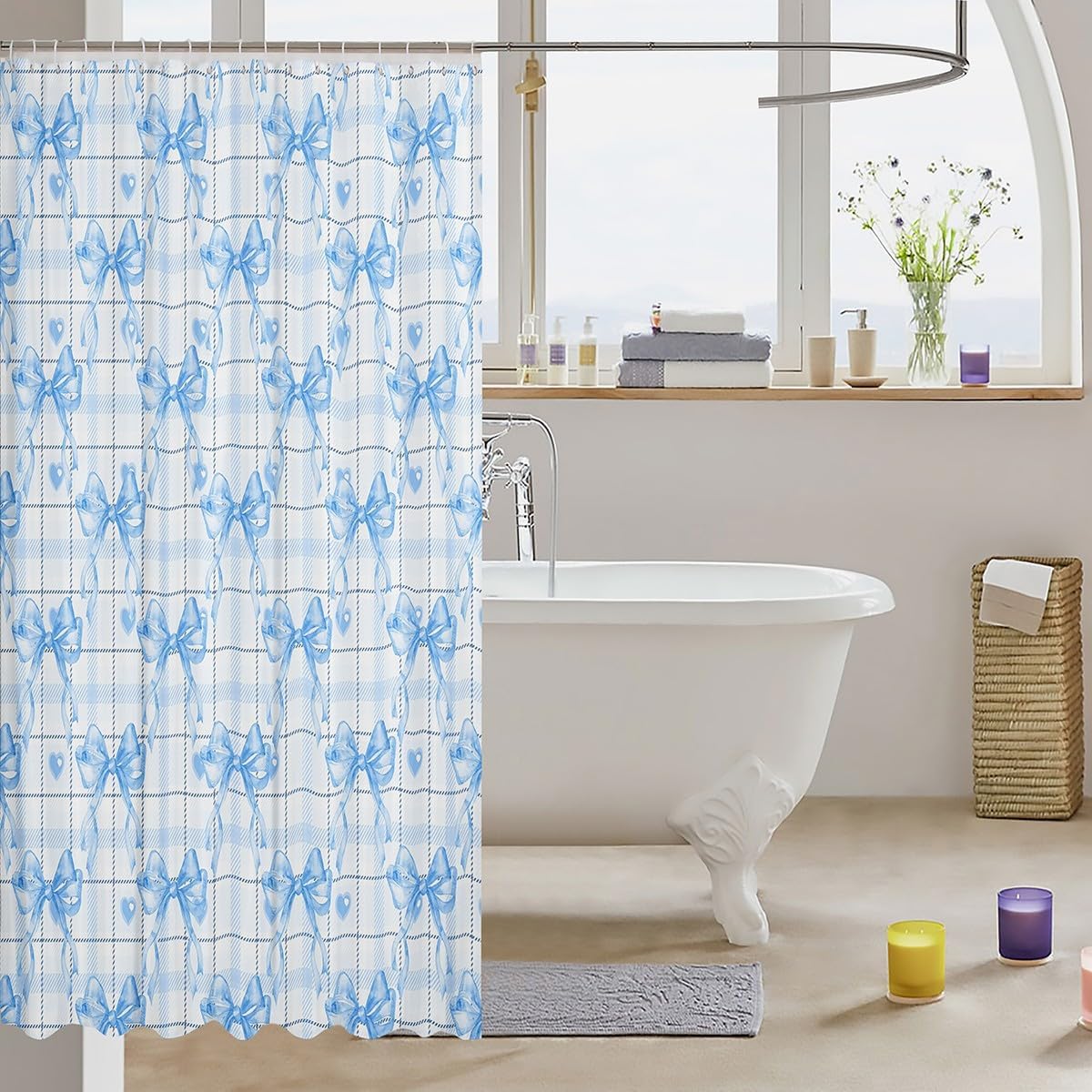 Feelyou Blue Watercolor Bow Shower Curtain Set