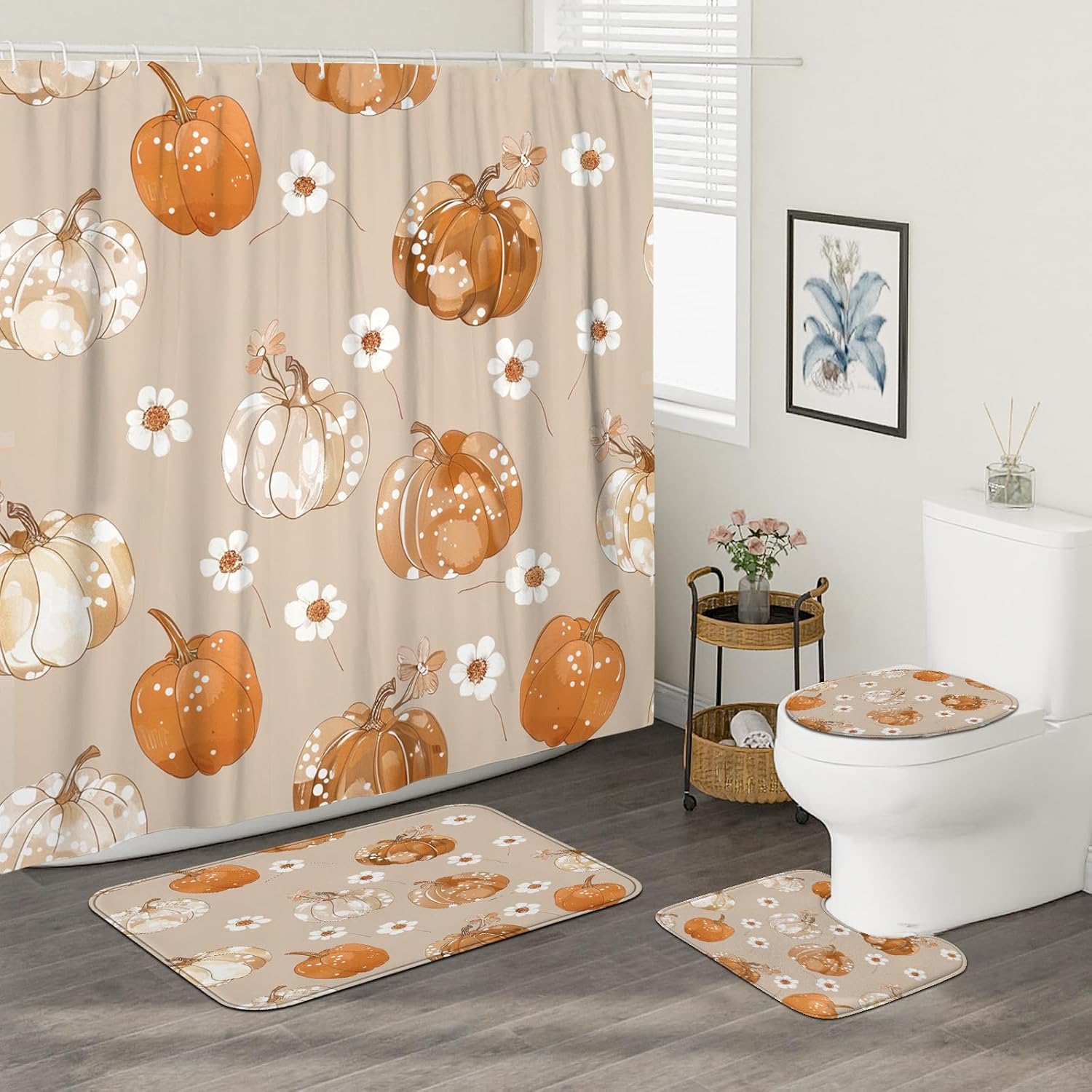 4PCS Fall Dot Pumpkin Shower Curtain Set with 72 x 72 Mat