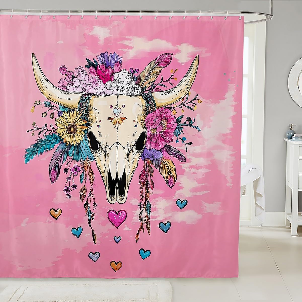 Feelyou Pink Boho Skull Bath Curtain Set for Kids