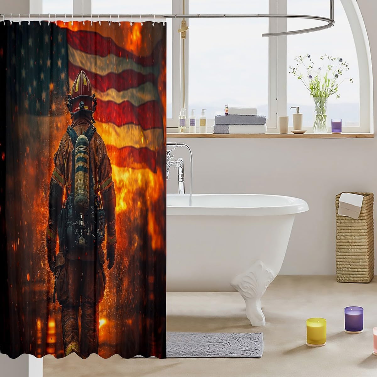 Firefighter-Themed American Flag Bath Shower Curtain 72x84