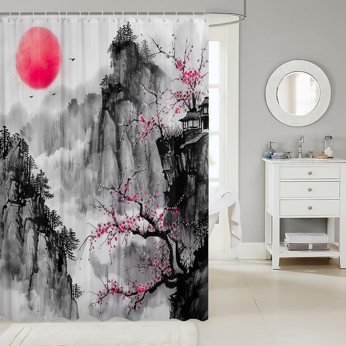 72x84 Red Cherry Blossoms Bomb Shell Bath Curtain
