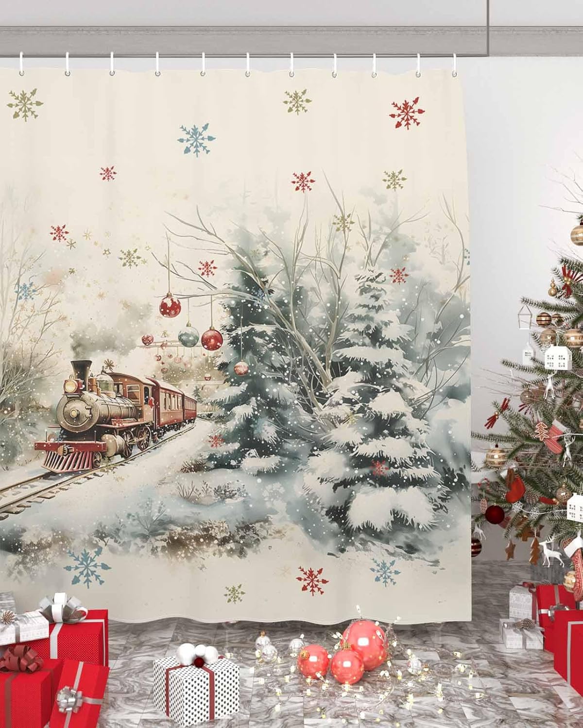 Perfect Christmas Train Forest Fabric Shower Curtain Set 36x72-Inch