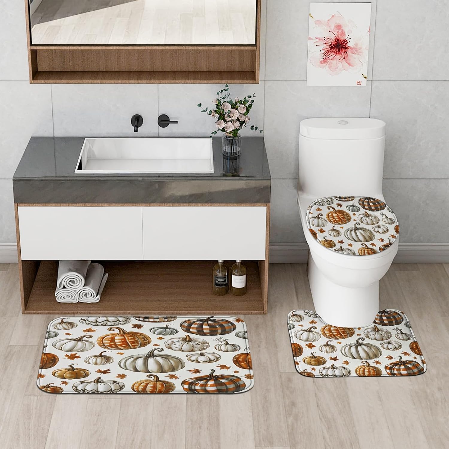 4PCS Fall Pumpkin Shower Curtain Set with Hooks and Non-Slip Rug