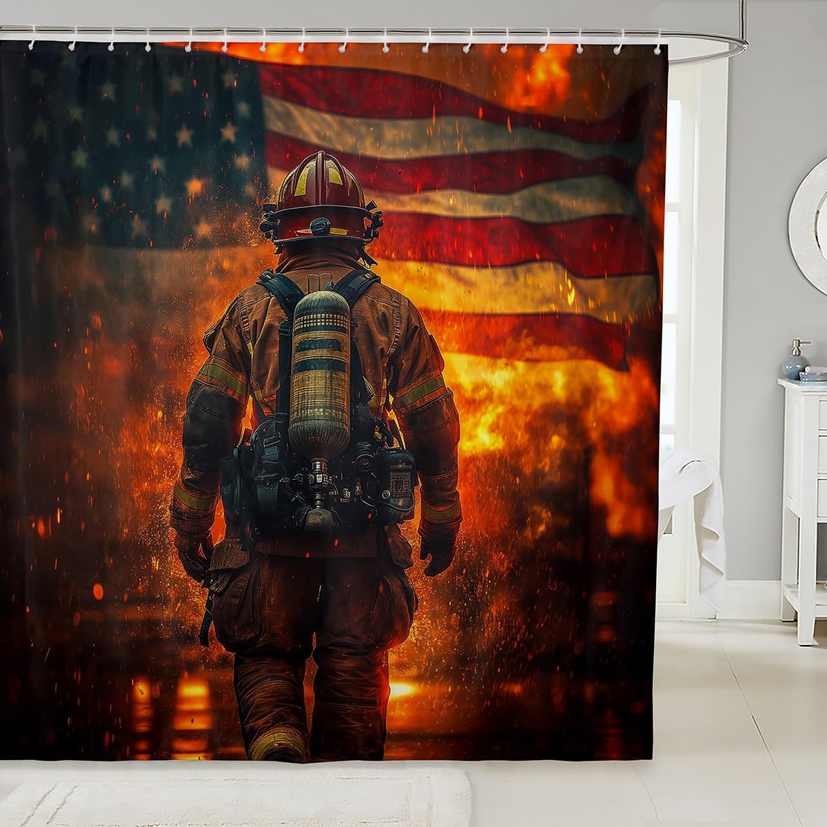 Firefighter-Themed American Flag Bath Shower Curtain 72x84