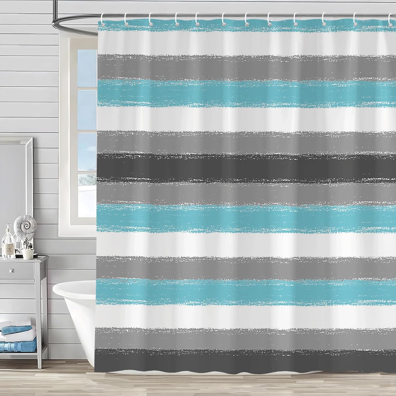 Teal Striped Shower Curtain Set with Hooks 70x70 Inch