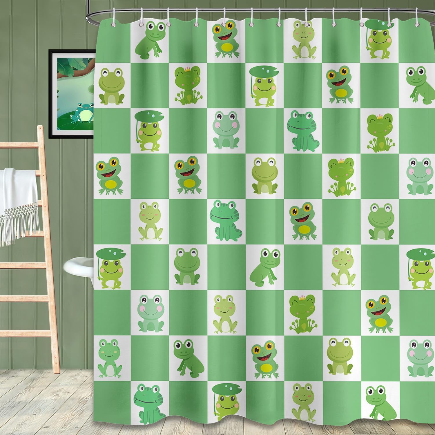 Frog Shower Curtain Green Checkered Kids Bathroom Decor