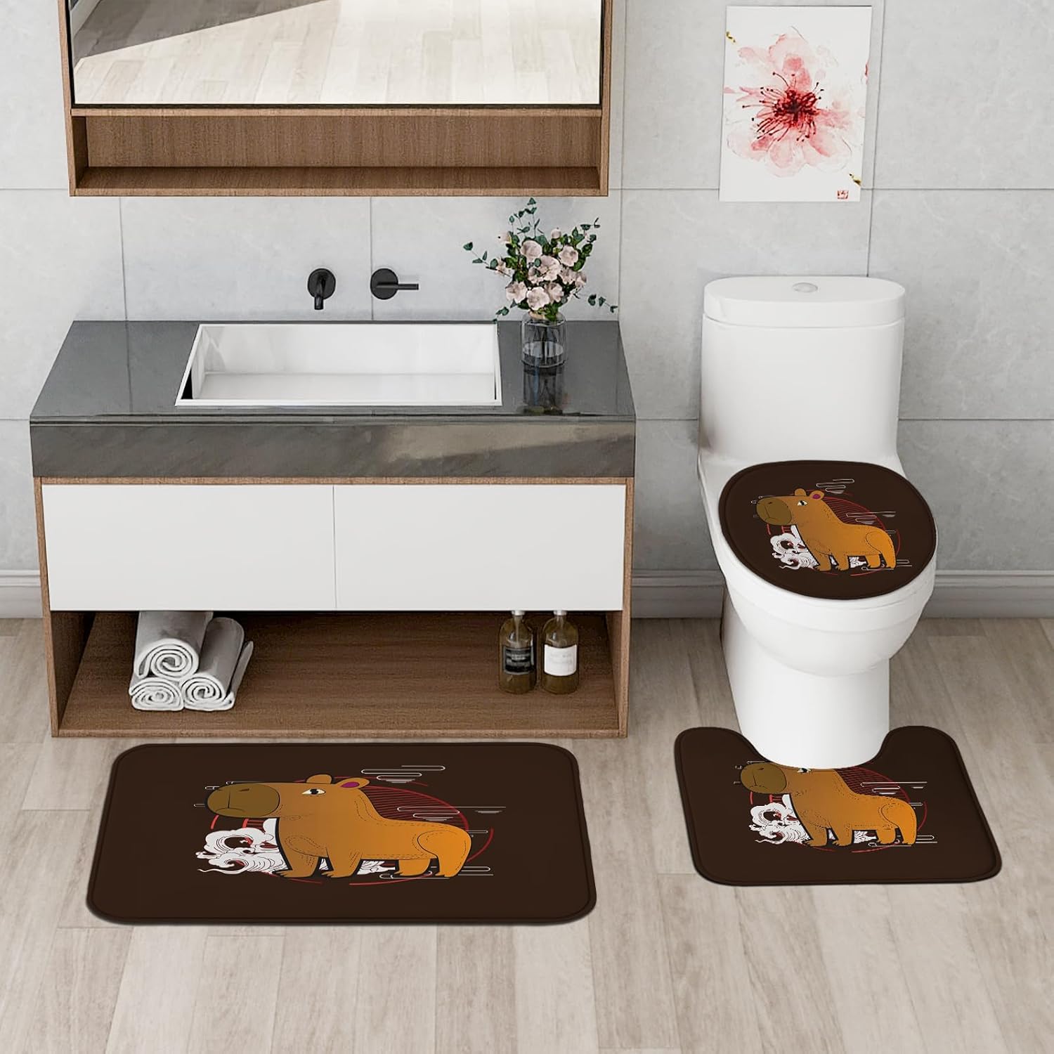 4PCS Brown Cartoon Fun Capybara Shower Curtain Sets