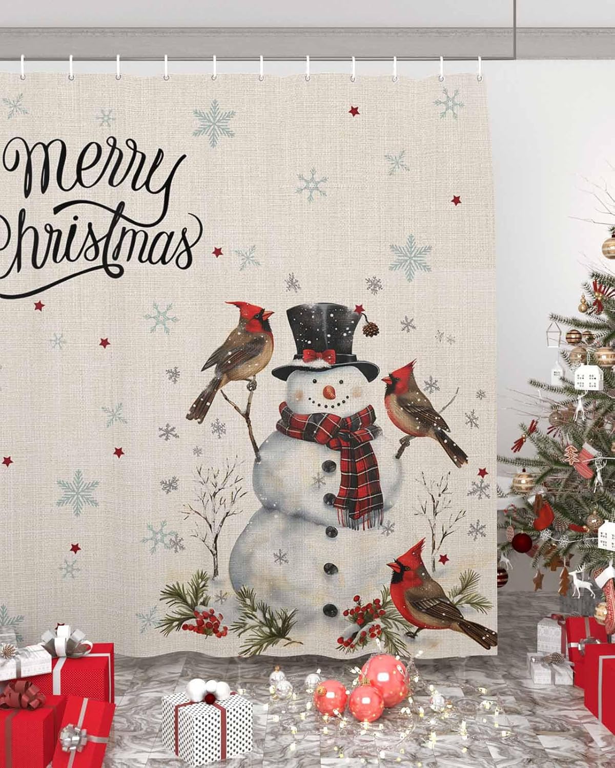 Anzona Beige Christmas Snowman Waterproof Shower Curtain
