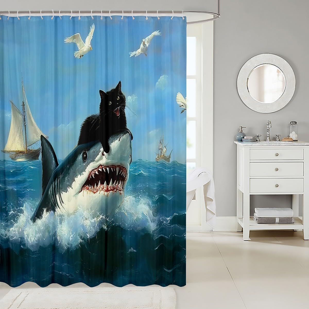 Funny Black Cat Shark Shower Curtain Set 72x78