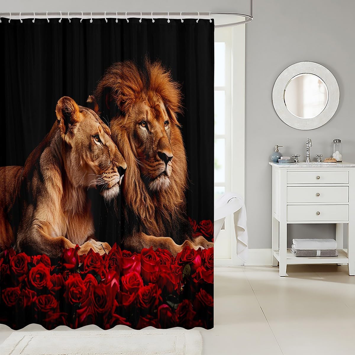 Manfei Lion Couples Shower Curtain 72x84-Inch waterproof bathroom curtain with 12 hooks