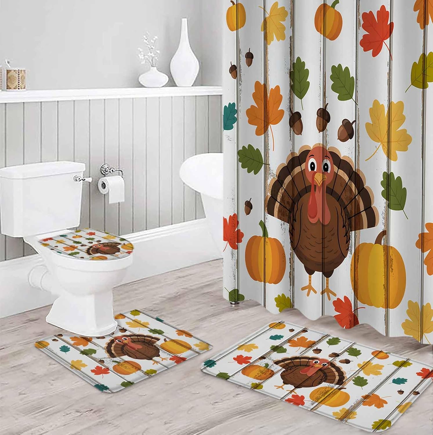 Thanksgiving 4-Piece Bath Set Turkey Acorn Shower Curtains Mats