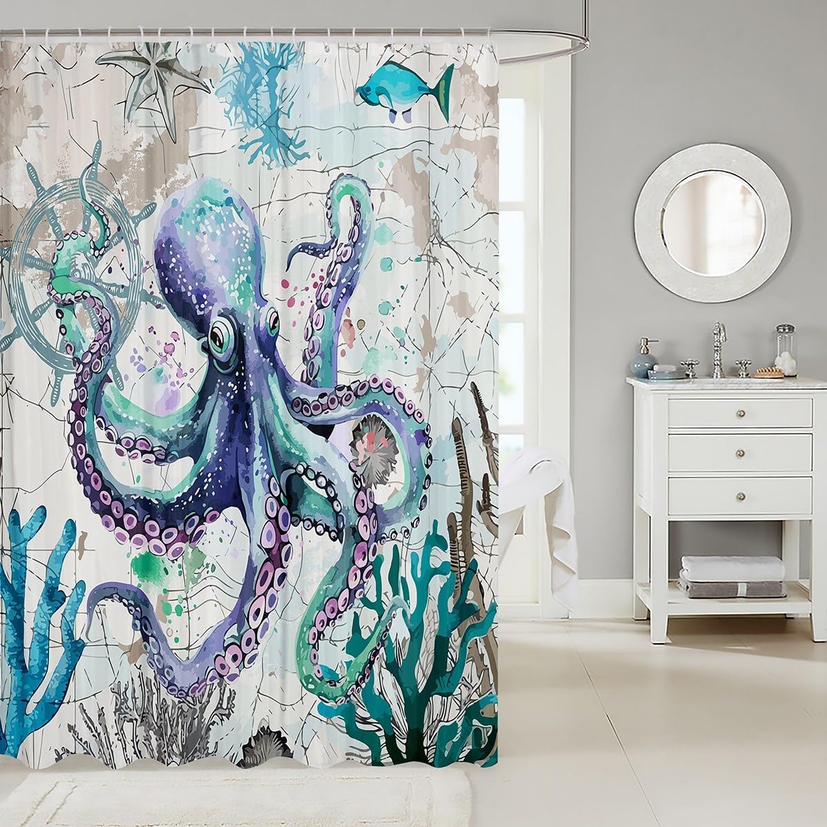 Feelyou Octopus Fabric Shower Curtain with 12 Hooks