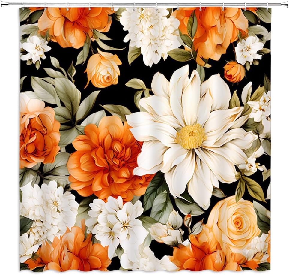 Vibrant Orange Floral Shower Curtain Set