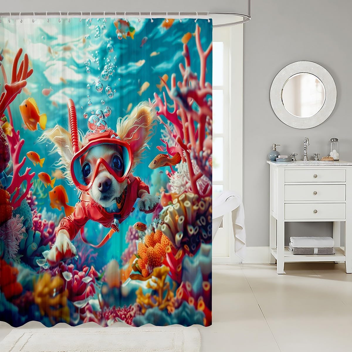 Cute Diving Dog Bathroom Curtain for Kids Adults