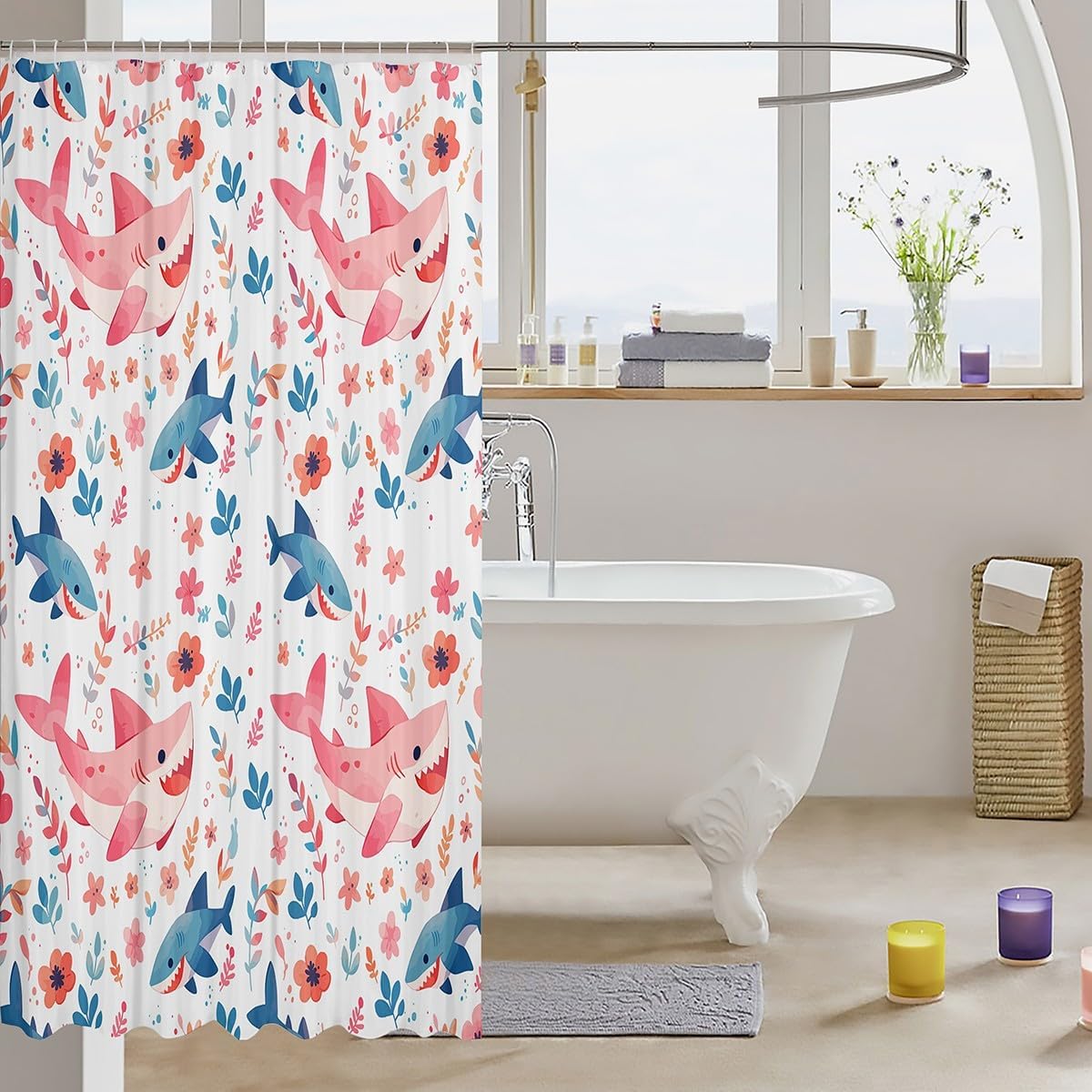 Jeffeloiu Blue Pink Shark Bath Curtain