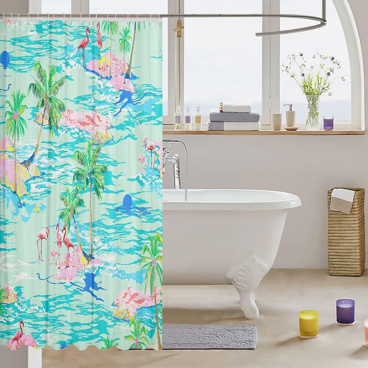Manfei Pink Flamingo Kids Bathroom Curtain Set