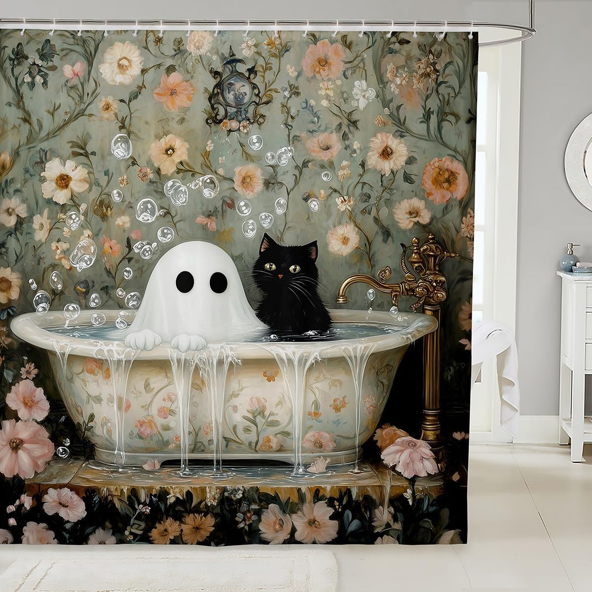 Manfei Kawaii Ghost Cat Bathroom Curtains for Kids