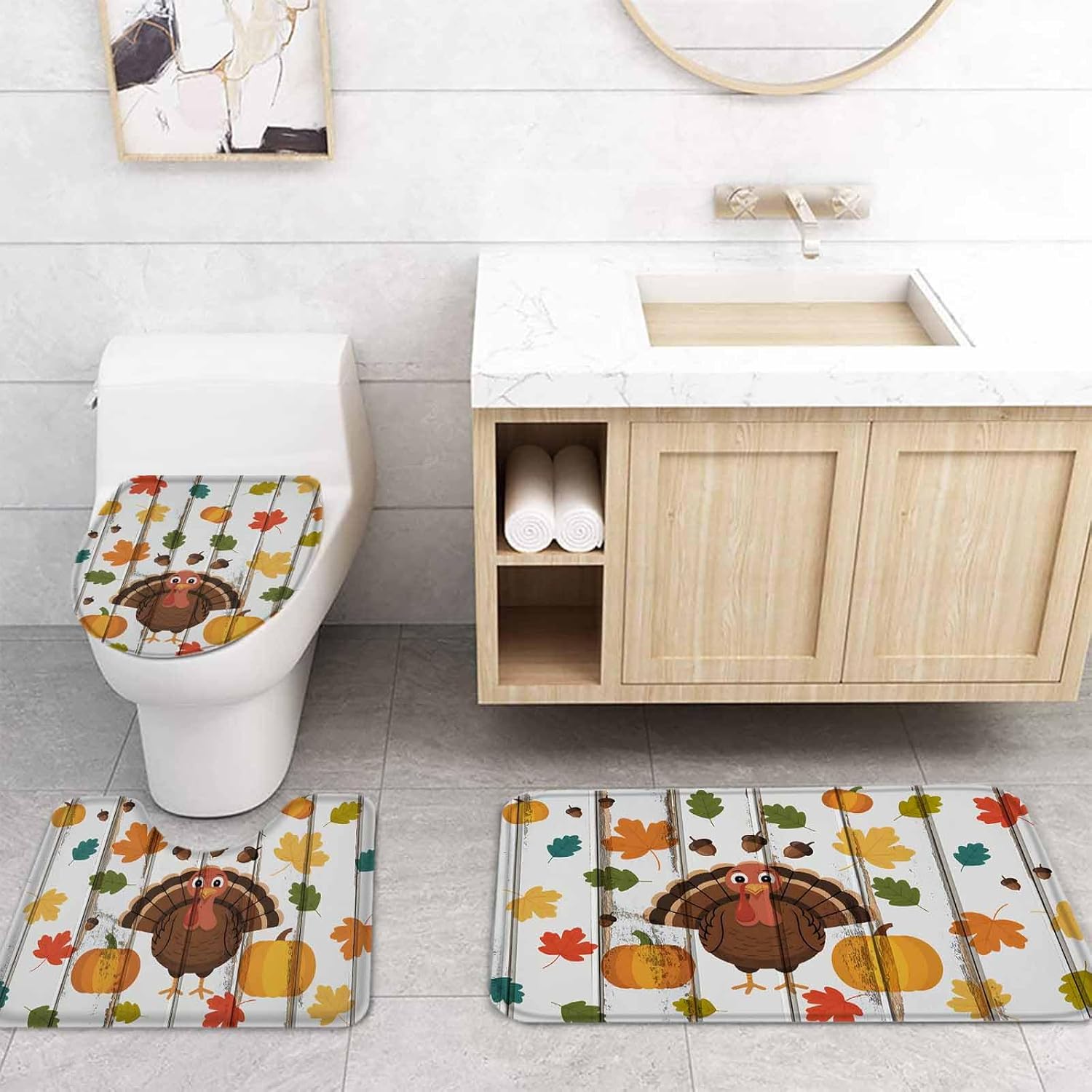 Thanksgiving 4-Piece Bath Set Turkey Acorn Shower Curtains Mats