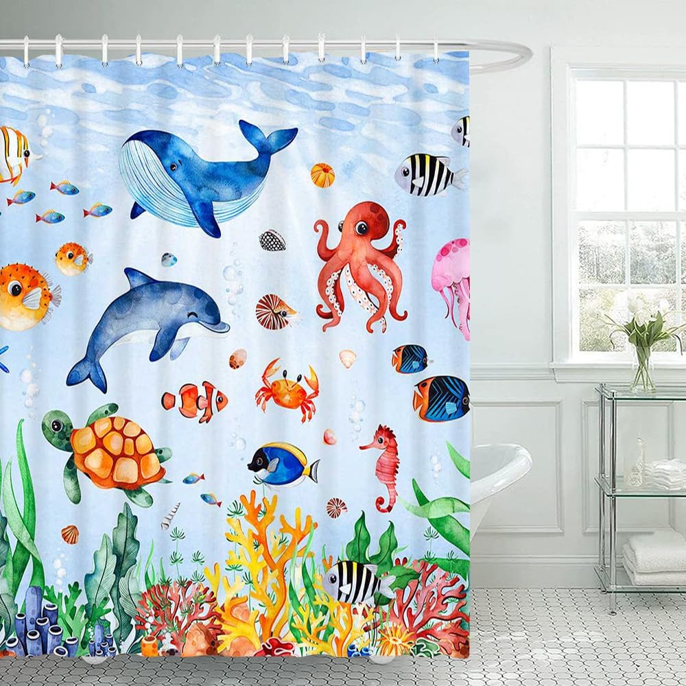 Under The Sea tropical fish shower curtain for kids
