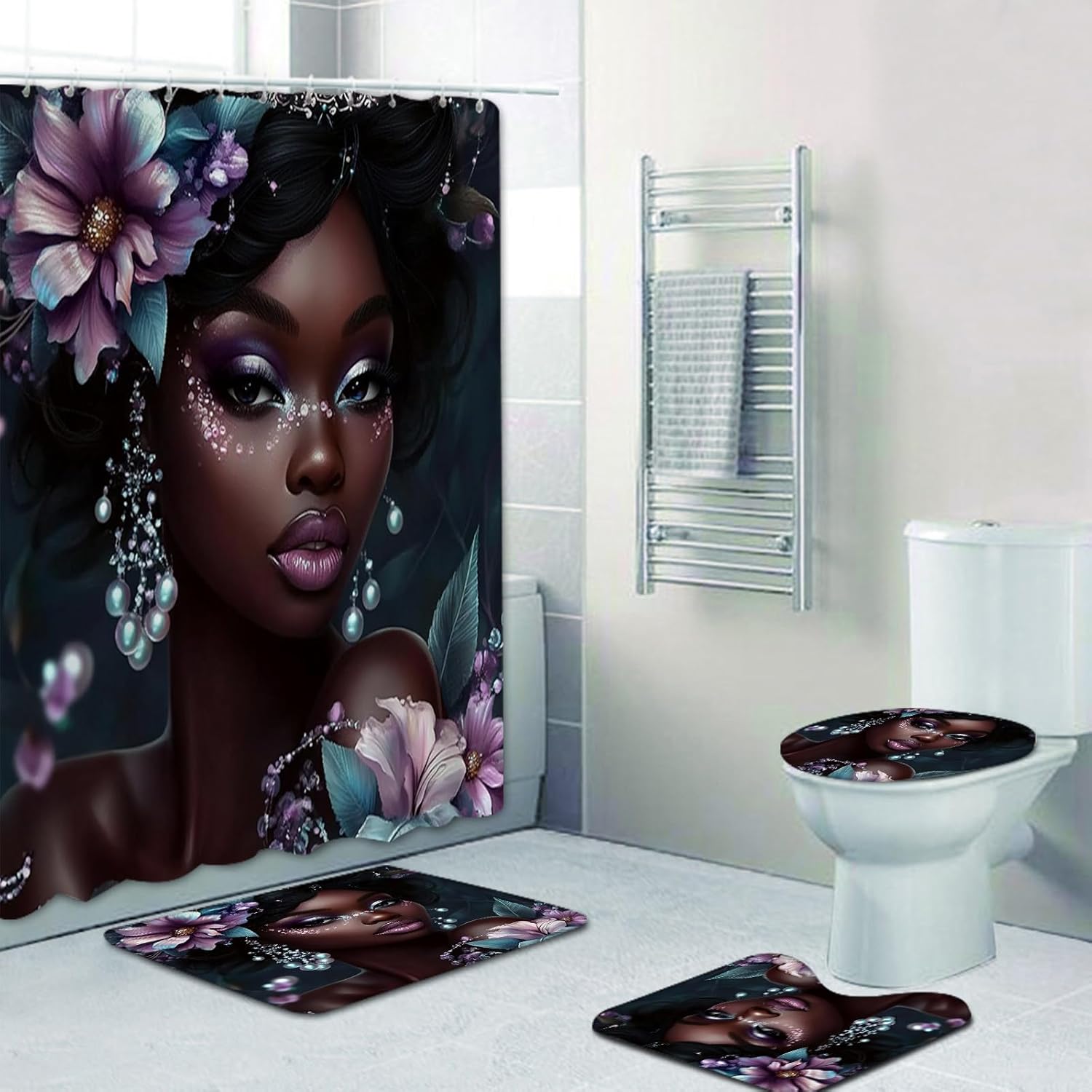 NEWSUYAA Black Girl Shower Curtain Set 4 Sets
