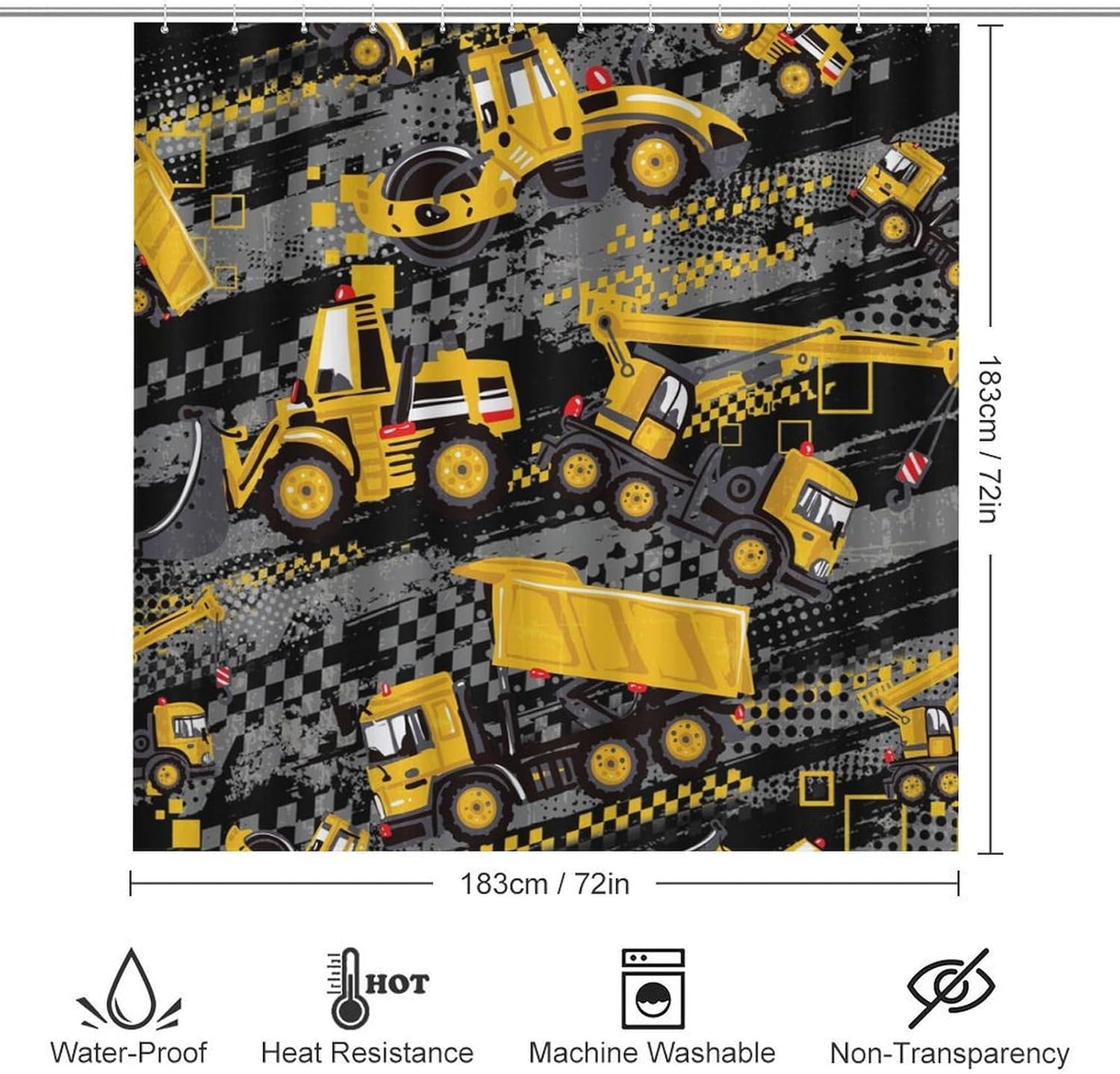 Cool Boys Girls Room Excavator 4-Piece Waterproof Shower Curtains Set