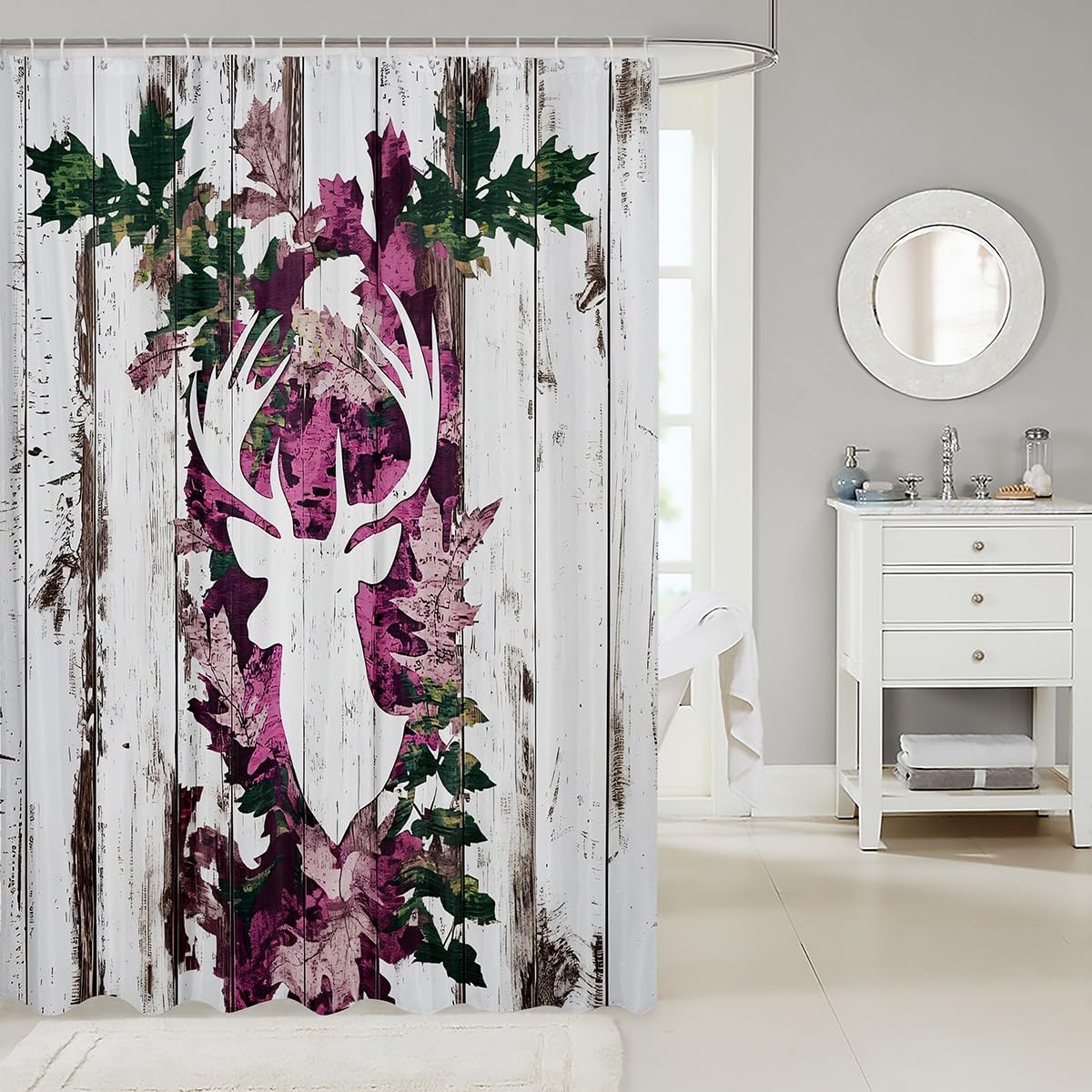 Deer Hunting Shuffleboard Pink Camo Bathroom Shower Curtain Set 72x72