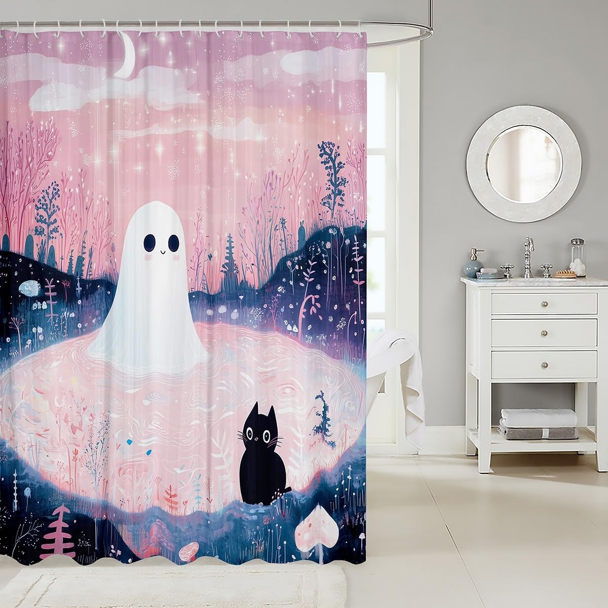 Manfei Kawaii Ghost Cat Waterproof Shower Curtain Set